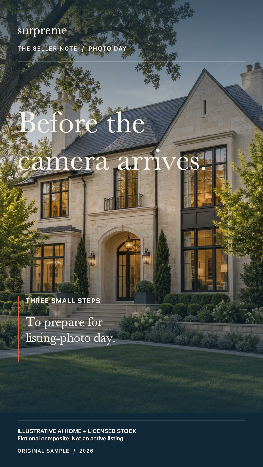 Fictional AI-generated limestone estate; seller preparation video cover